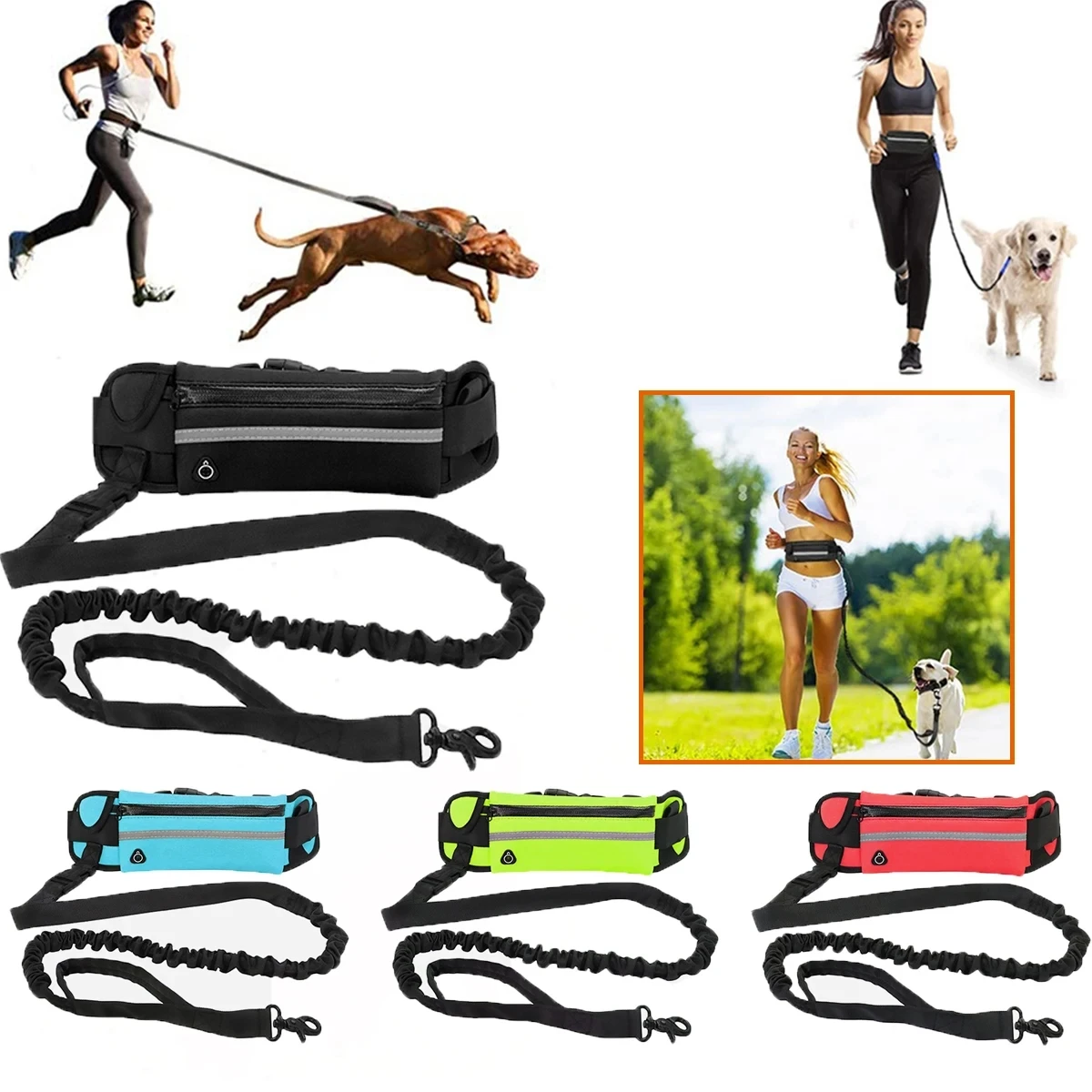 Hands Free Dog Running Leash Waist Belt - Handsfree hondenriem, reflecterende riem met heuptas,
