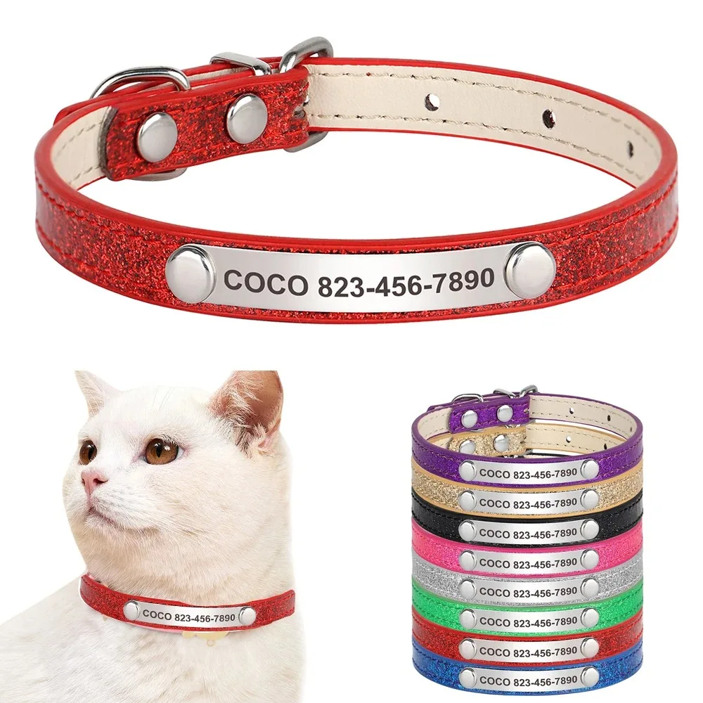 Reflective Dog Collar Personalized Engraved - Aangepaste kattenhalsband Bling lederen kattenhalsbanden gepersonaliseerde